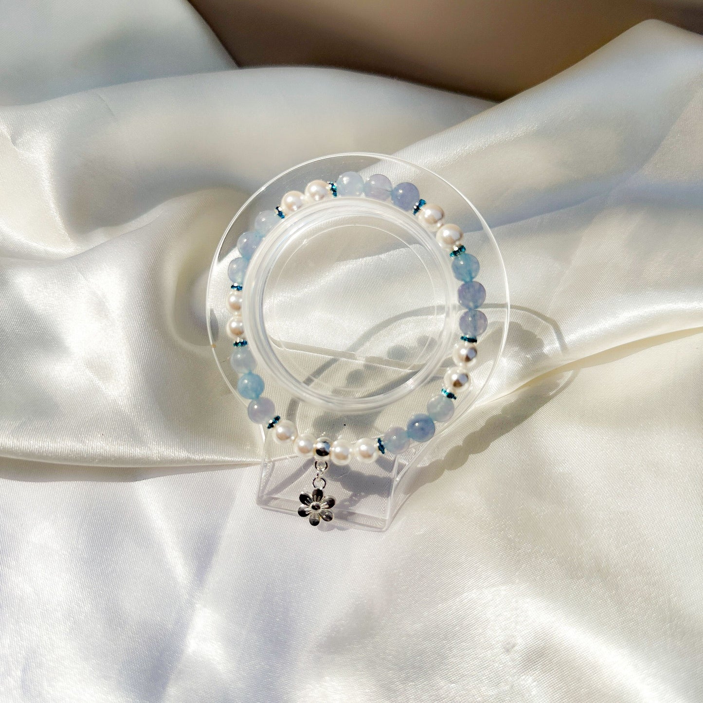 Gemstone Bracelet 6mm | Blue Angelite & Philippines Freshwater Pearls with Charm