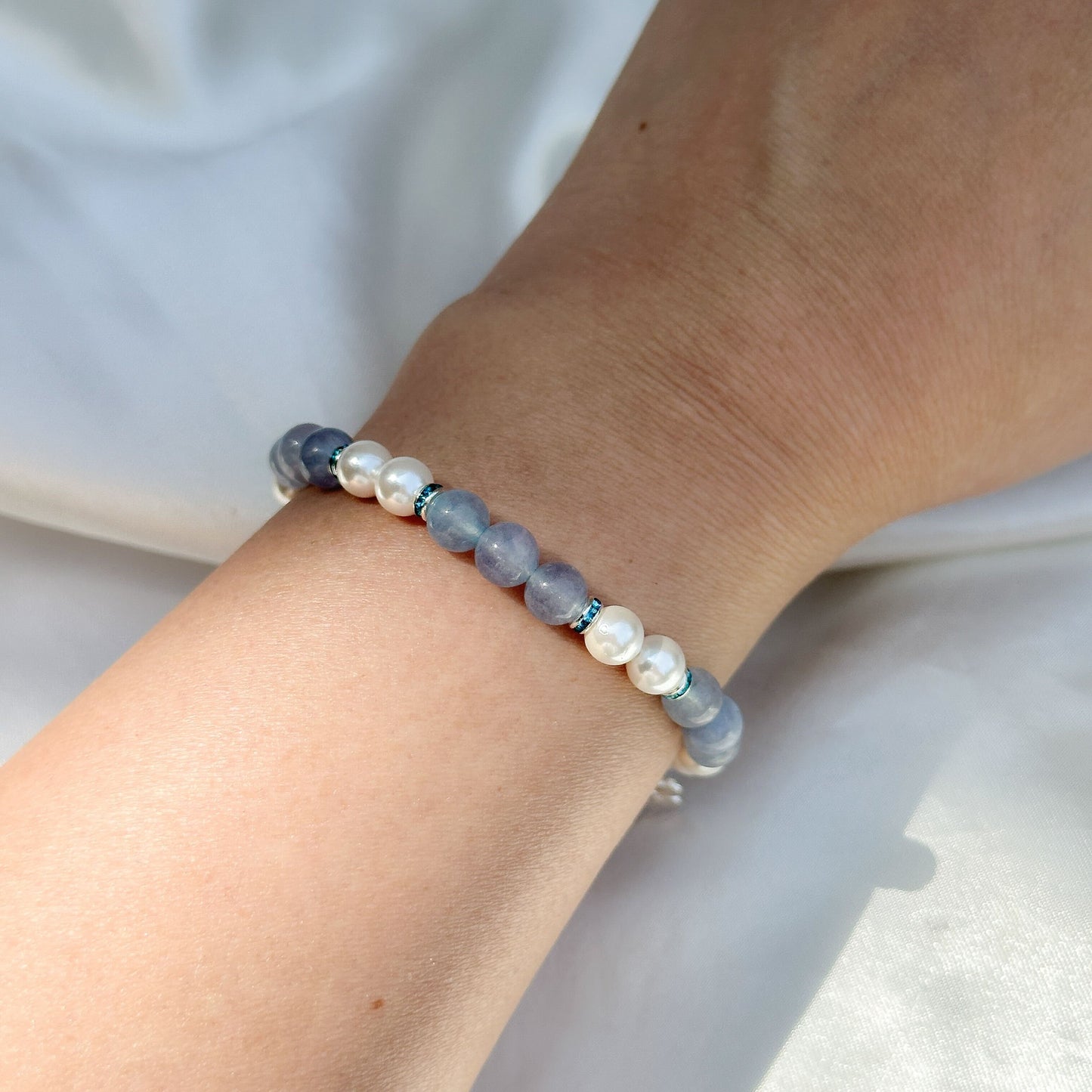 Gemstone Bracelet 6mm | Blue Angelite & Philippines Freshwater Pearls with Charm