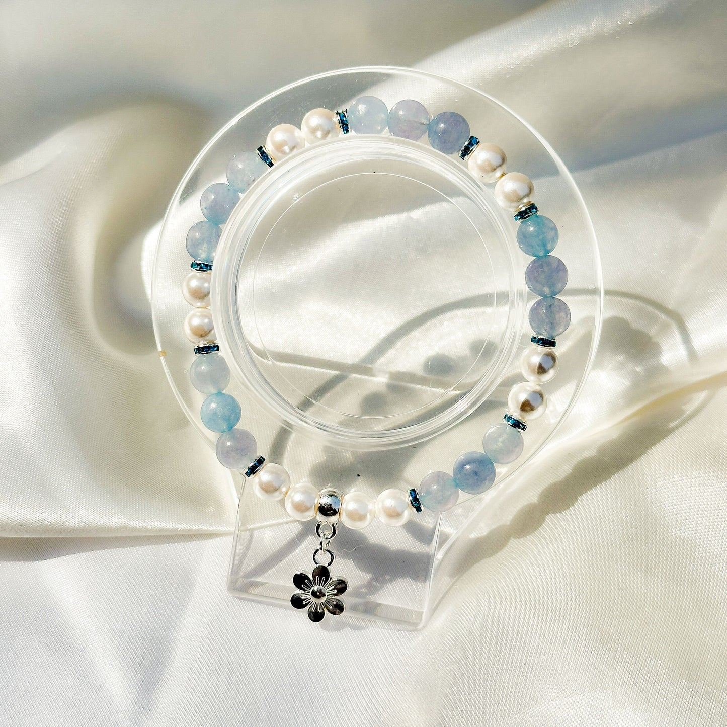Gemstone Bracelet 6mm | Blue Angelite & Philippines Freshwater Pearls with Charm