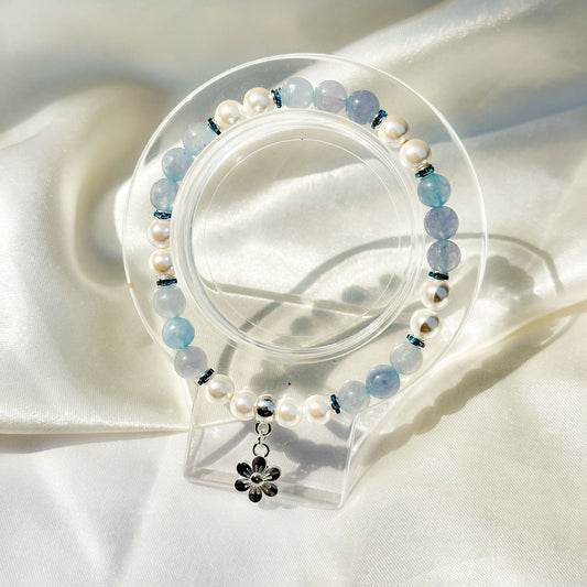 Gemstone Bracelet 6mm | Blue Angelite & Philippines Freshwater Pearls with Charm