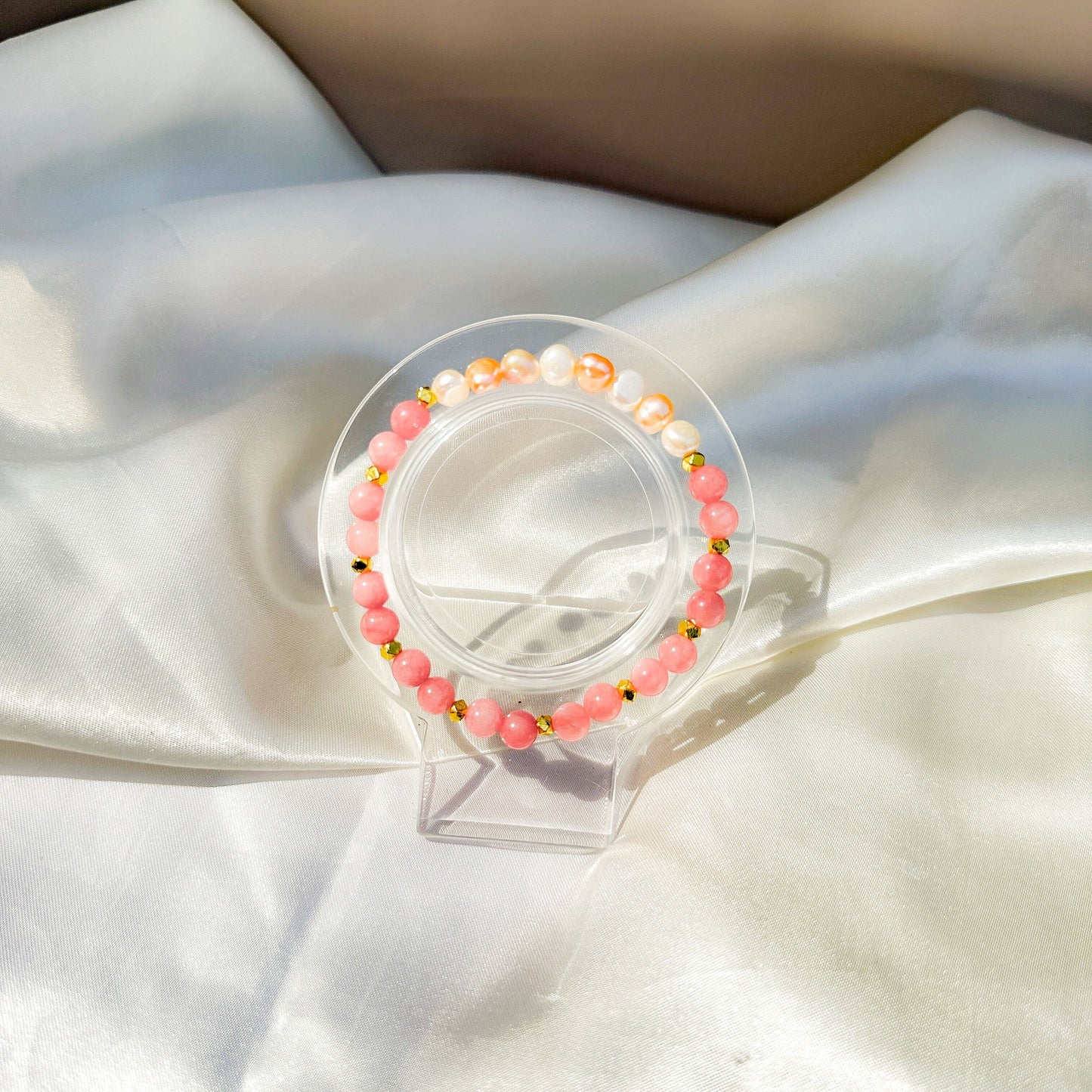 Gemstone Bracelet 6mm | Pink White Persian Jade & Philippines Freshwater Pearls
