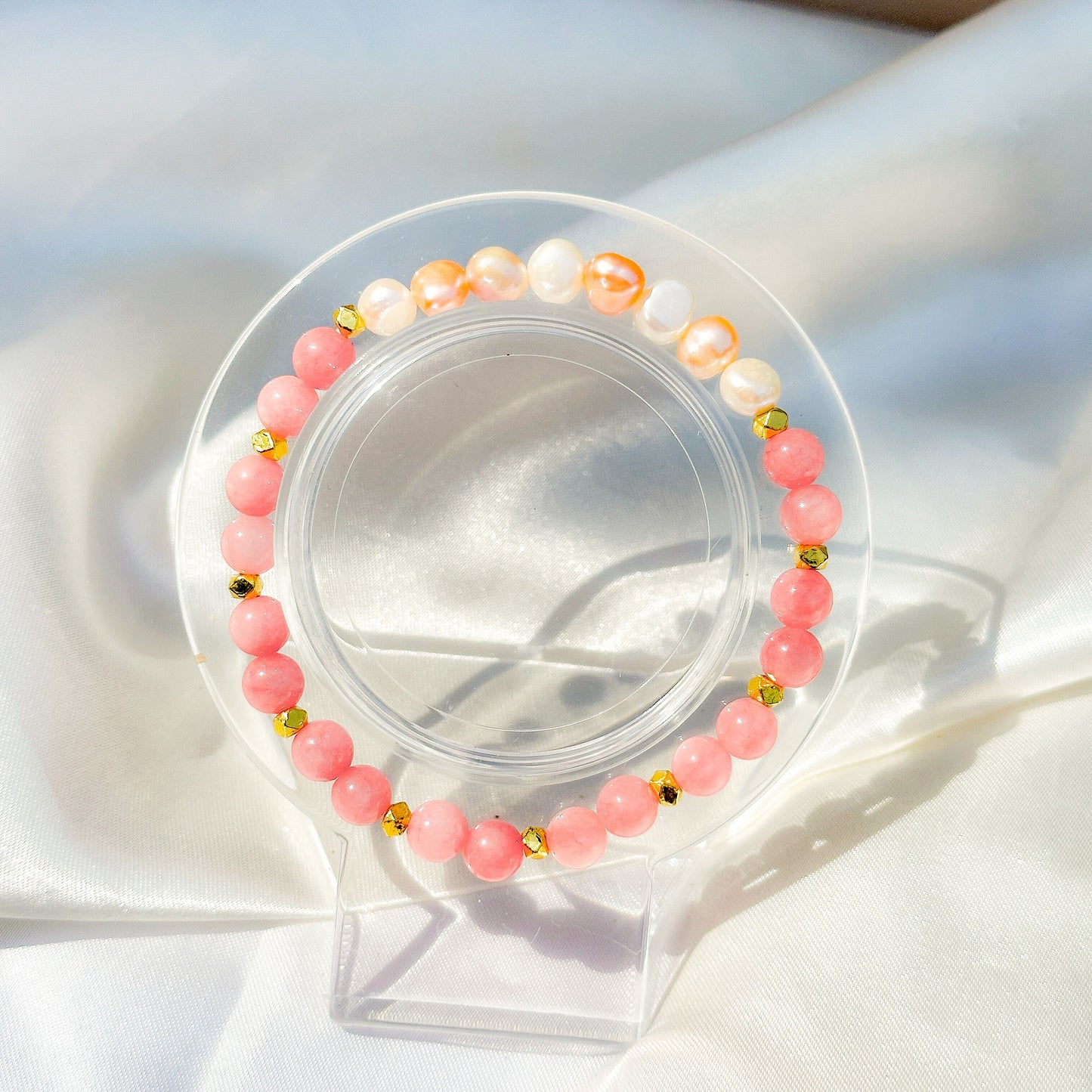 Gemstone Bracelet 6mm | Pink White Persian Jade & Philippines Freshwater Pearls