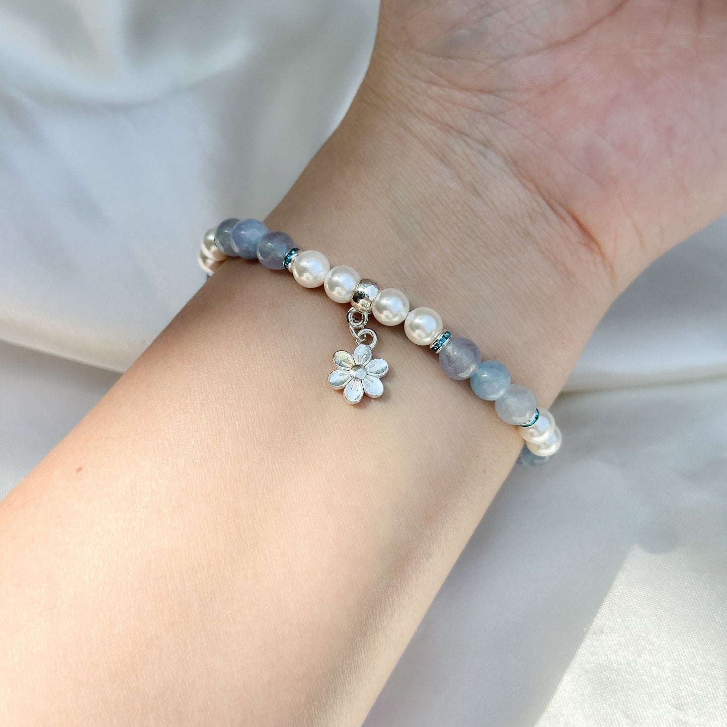 Gemstone Bracelet 6mm | Blue Angelite & Philippines Freshwater Pearls with Charm