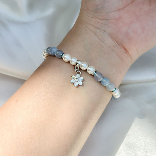 Gemstone Bracelet 6mm | Blue Angelite & Philippines Freshwater Pearls with Charm