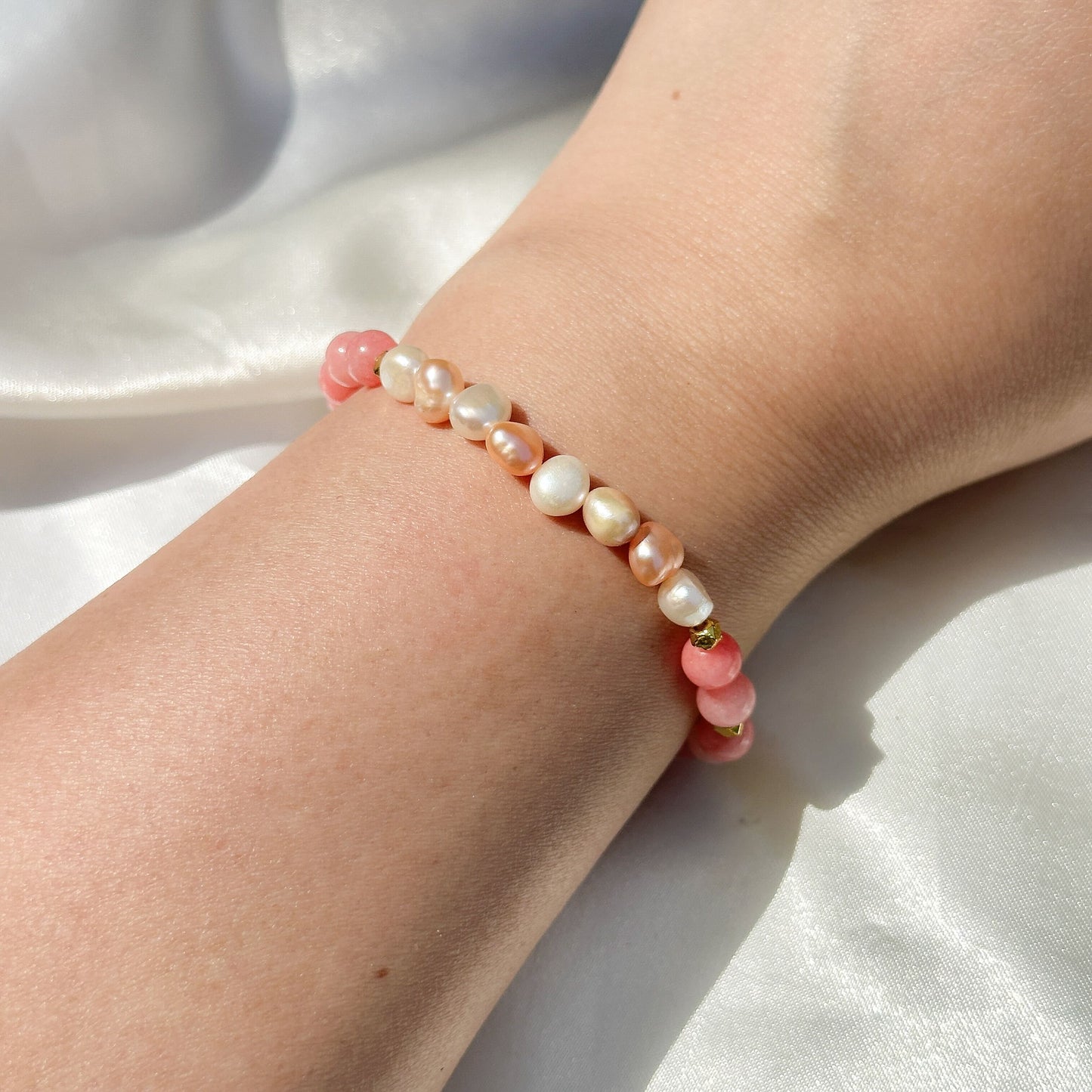 Gemstone Bracelet 6mm | Pink White Persian Jade & Philippines Freshwater Pearls