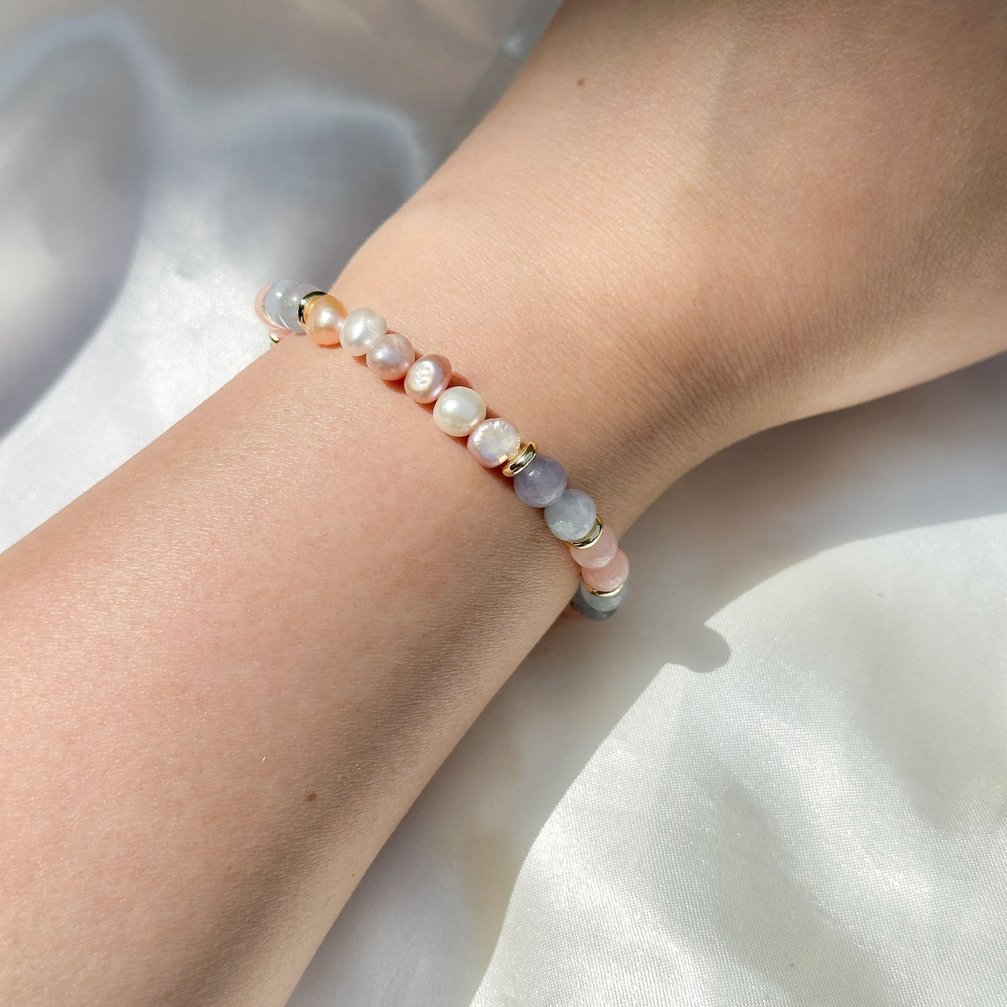 Gemstone Bracelet 6mm | Rose Quarz, Blue Chalcedony, & Philippines Freshwater Pearls