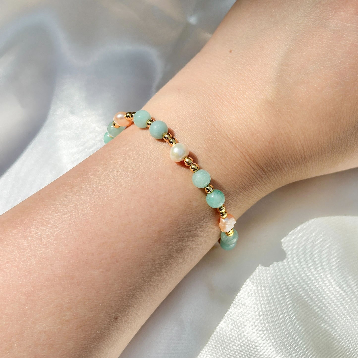 Gemstone Bracelet 6mm | Mint Green Amazonite & Philippines Freshwater Pearls (A)